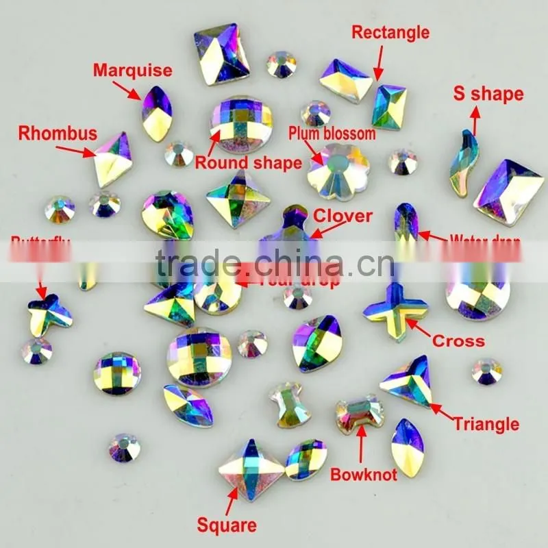Assorted shapes tear drop, rectangle, marquise, butterfly flat back non hot-fix rhinestone for garmnet decoration