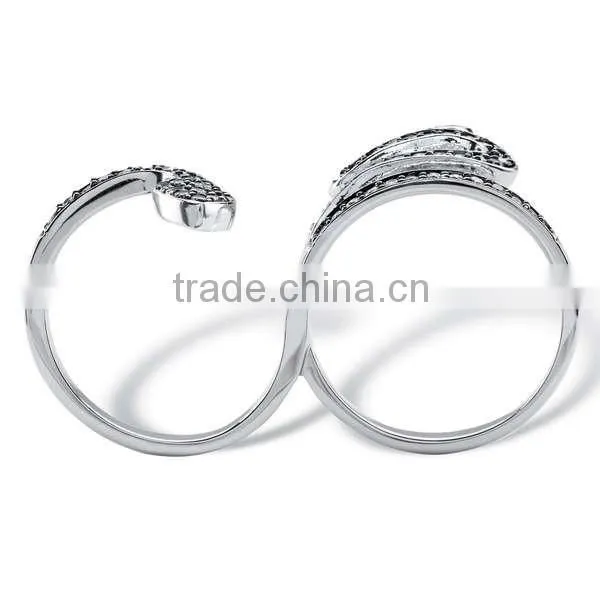 Silvertone Pave Black Spinel and Cubic Zirconia Coiling Two-Finger Snake Ring