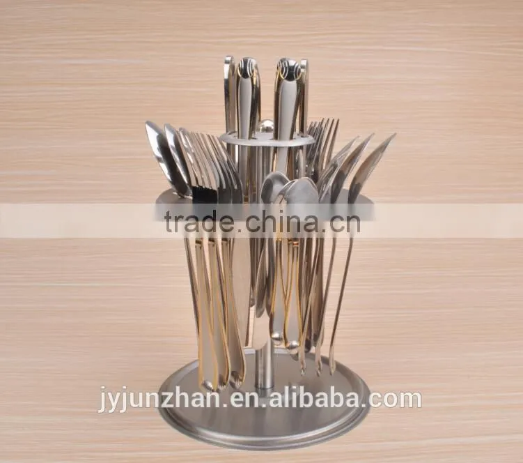 Gold plated with sand blasting 24pcs cutlery sets with ss shelf and low price