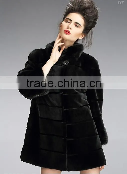 rex14048 rex rabbit fur coat with mink fur collar and cuffs black