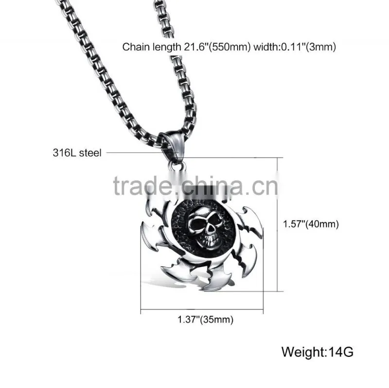 wholesale fashion 316l stainless steel skull necklace with sun for men gift