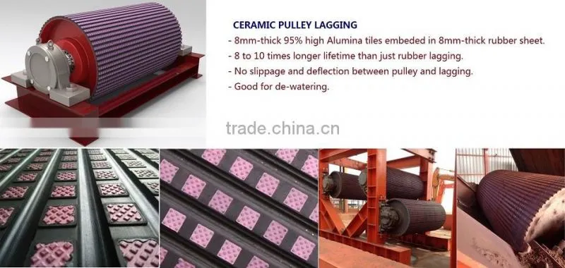 High alumina ceramic tiles embedded in rubber sheet for pulley lagging