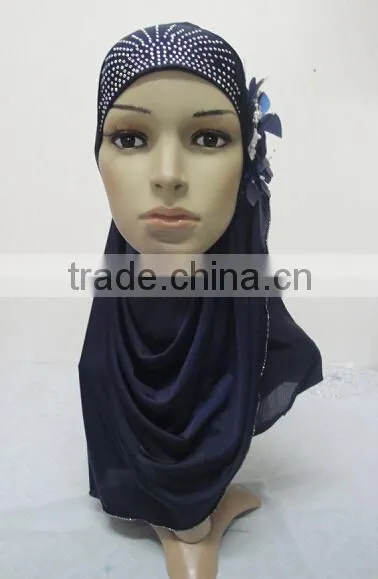 H289 latest one piece instant hijab with flower and rhinestones