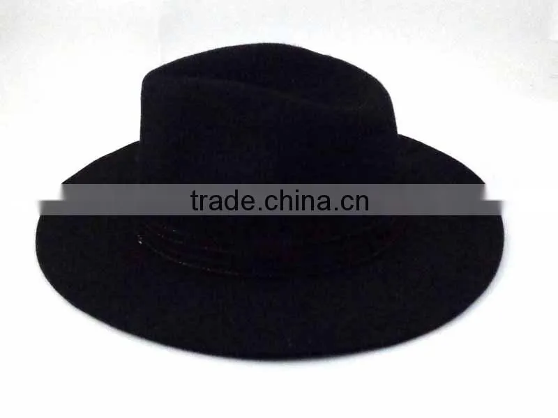 WL-157 100%Wool modish black cowboy fedora cap hat with ribbon trim