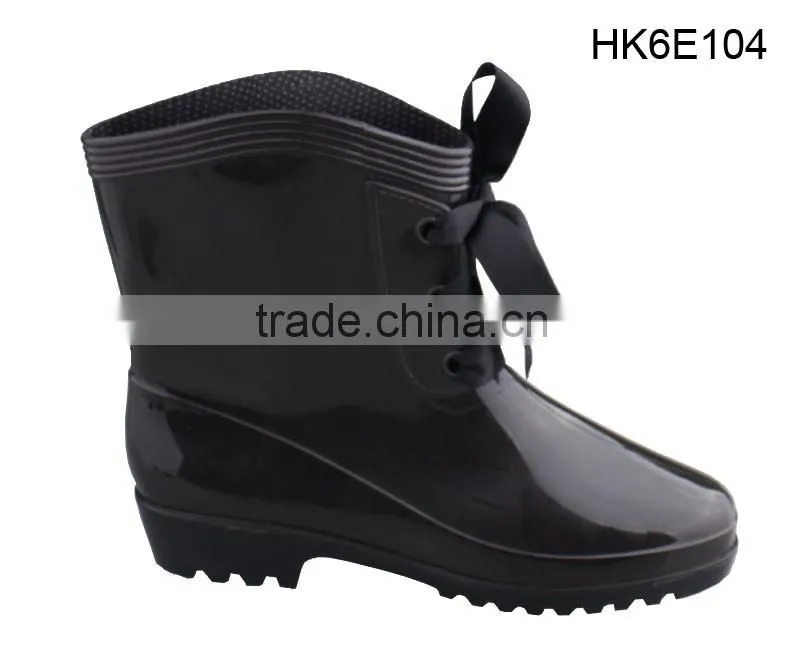 Fashion Black PVC Jelly Wedge Heel Garden Rain Boots Women wIth Lace