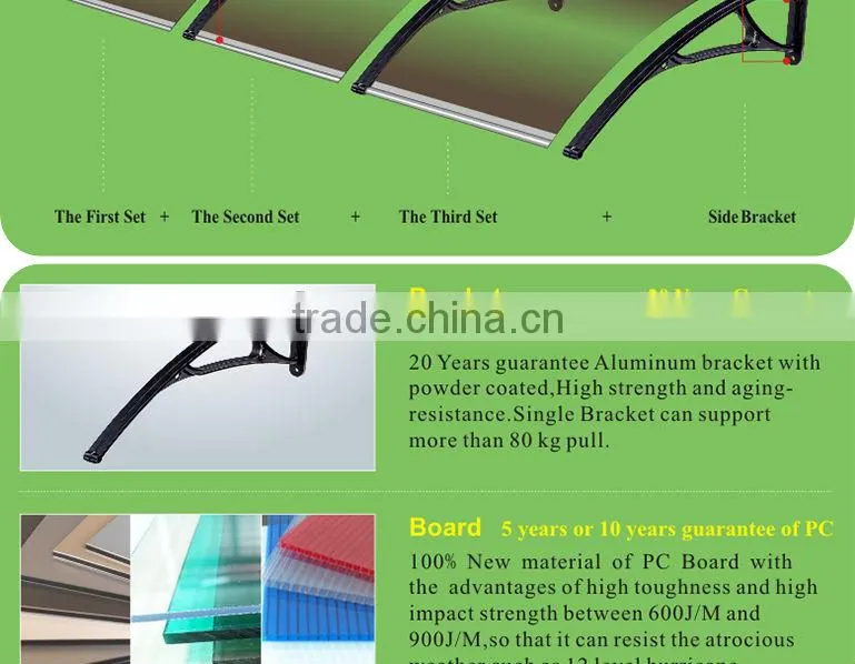 Wind resistant polycarbonate commercial awning wtih aluminum awning brackets arm for balcony
