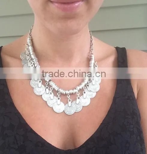 Chunky Punk Tribal Retro Antique Silver Coins Plated Alloy Bib Choker Necklace