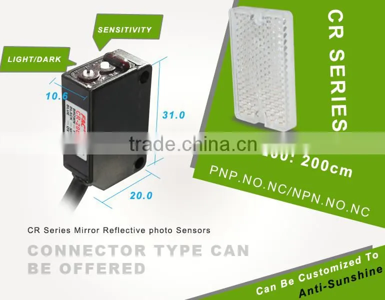CR-200 series rectangled photoelectirc sensors, 200cm mirror reflective photoelectric switches