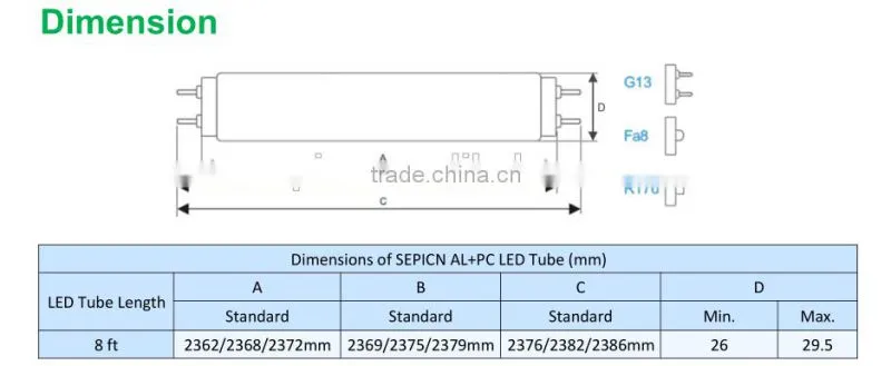 tube8 chinese sex led tube 8 china 5 years warranty 120LPW AL+PC single pin 2400mm t8 led tube