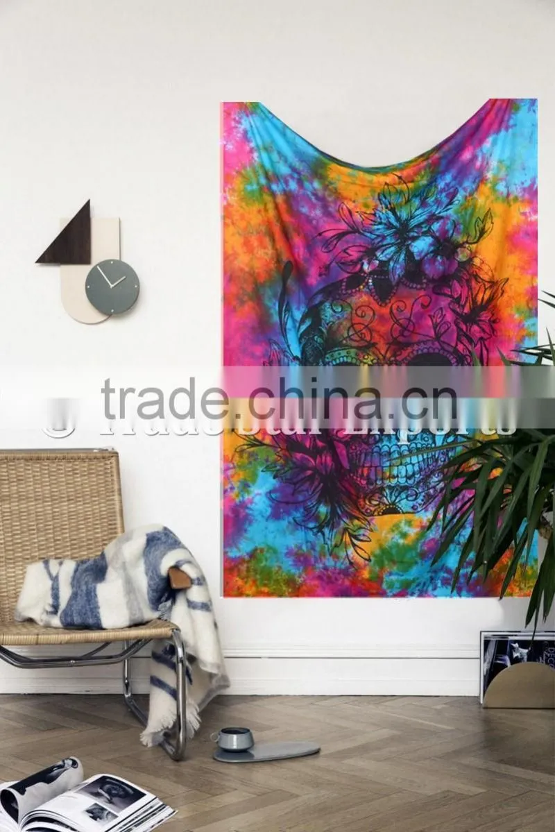 Hippie Twin Skull Tie & Dye Wall Art Boho Cotton Wall Hanging Home Decor Tapestry