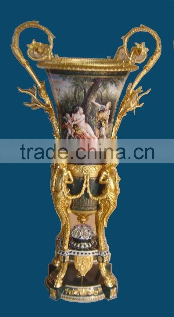 Lovely Cherubim Flower Pot, Hand Painting Ceramic Gold Flower Bowl with Elegant Flowers Mounted