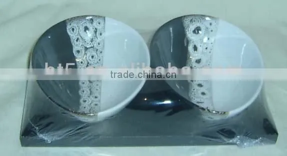 Set of 2 hand printing stoneware party snack tray ceramic bowl
