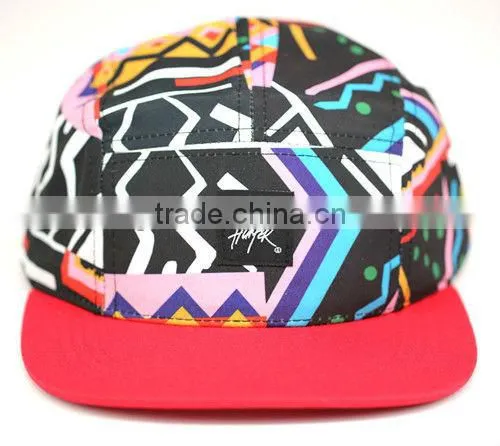Yellow bill woven tag mens woven Aztec leather trap 5 panel hat