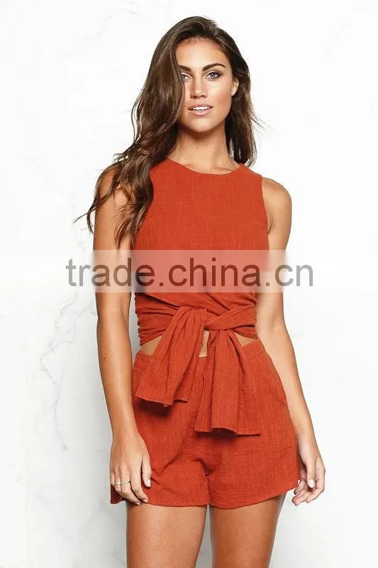 Cotton & Linen Fashionable High Low Crop Tops And Shorts Women Two Piece Sets