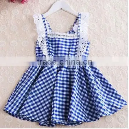 New arrival children clothes lace trim bule plaid kids clothing wholesale 100%cotton baby nice dress