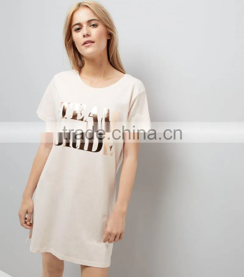 MGOO Customize Pyjamas Pink Metallic Team Bride Nightshirt 100% Cotton Longline Sleepwear Gold Print Logo
