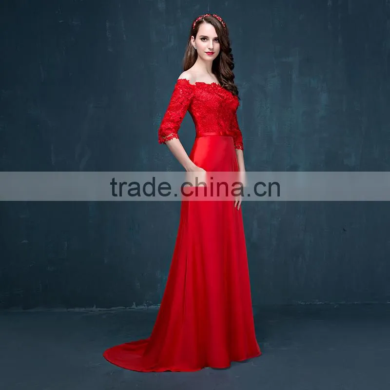 MGOO Brand Design Custom Long Dress Transparent Red Lace Long Dress Off Shoulder Applique Long Sleeves Prom Dress 2069