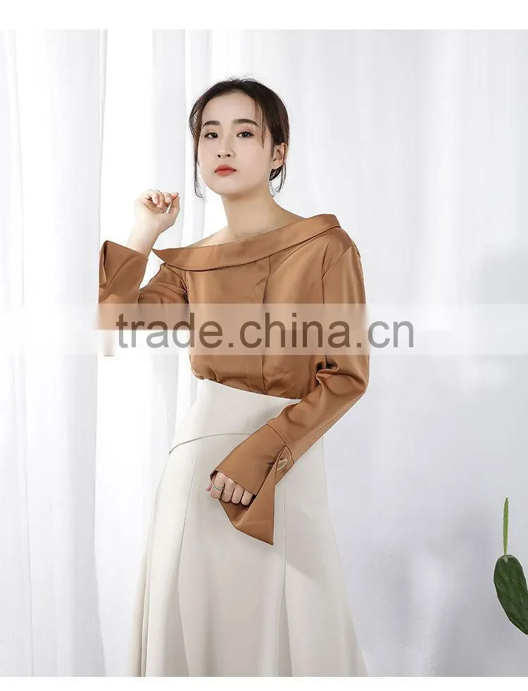 2017 autumn new style chiffon sexy collar diagonal shoulder long sleeve fashion blouse chiffon shirt
