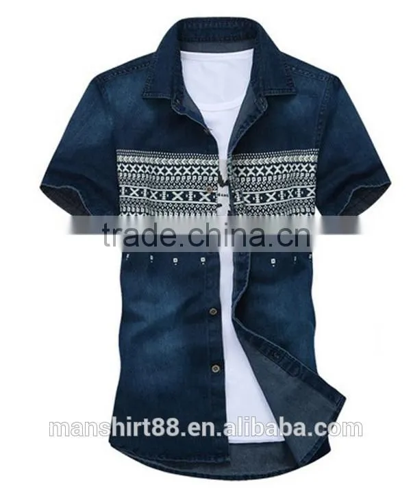 the fashinal denim front printed men's short sleeve slim fit shirt