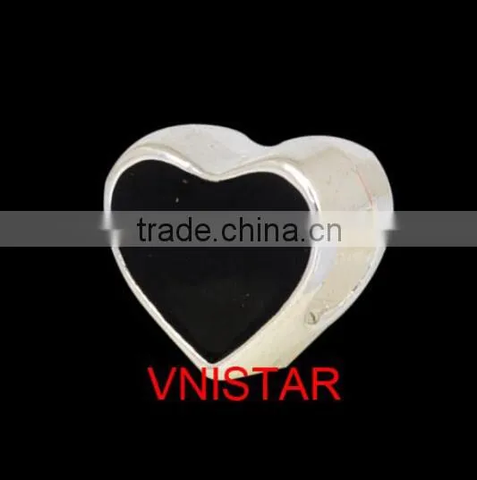 Vnistar Silver plated enamel bead hot pink&cyan&black heart-shaped bead size in 9*10mm PBD556