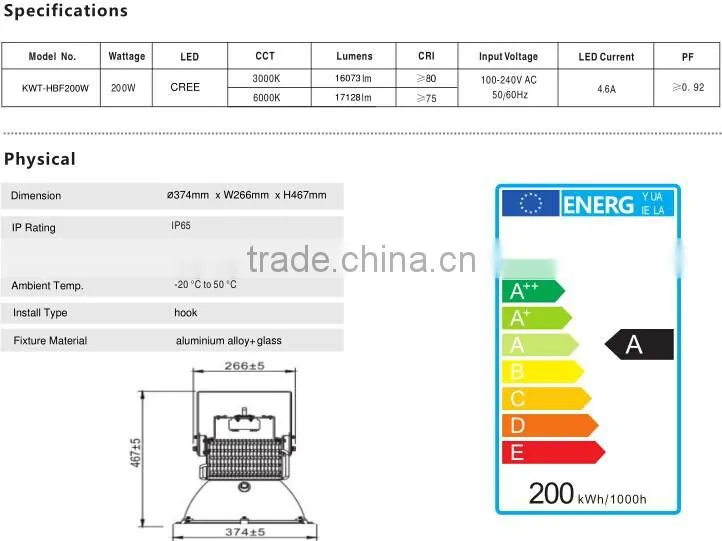 CE RoHS hotsale warehouse lighting, led high bay light 200W