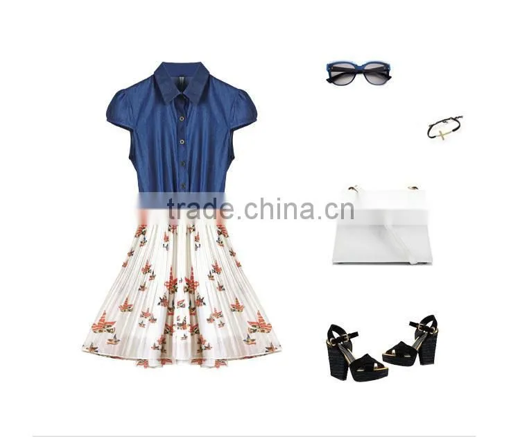 2015 New arrival New Style Fashion Women real comfort clothing Denim Matching Printing is one-piece Chiffon Dresses east