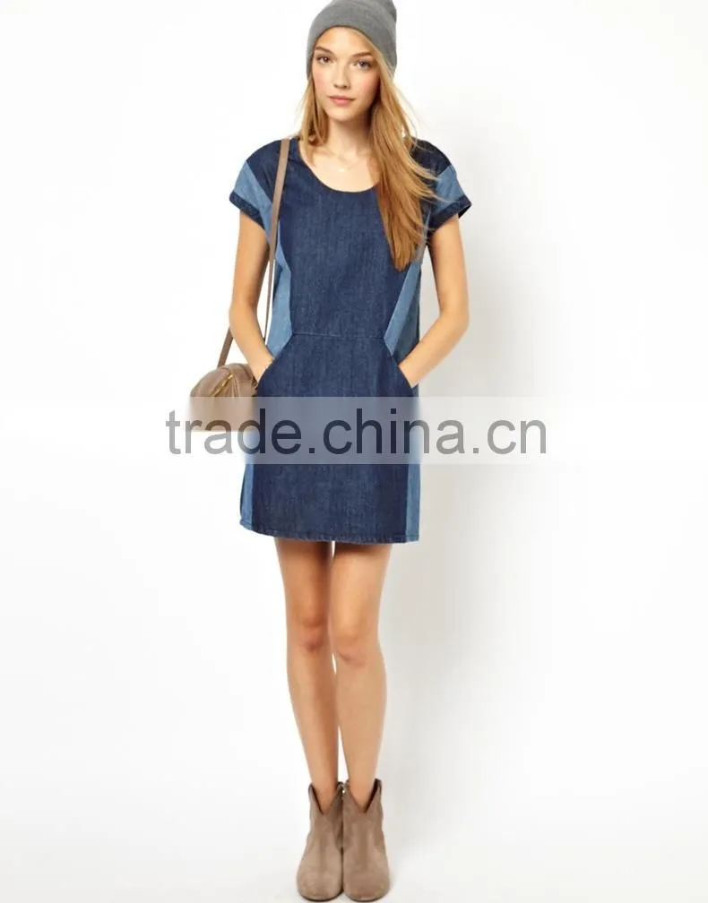 2015 fashion high quality fashion girls short sleeve loose denim dress with contrast color