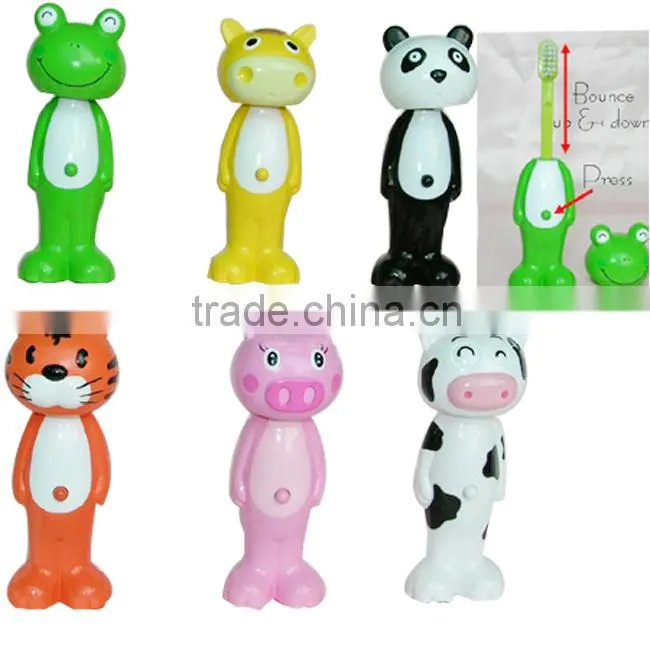 Children stretch out and draw back toothbrush, animal kids toothbrush, bounce up toothbrush