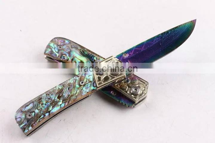 OEM Custom Hand Made Damascus steel Folding knife with Abalone