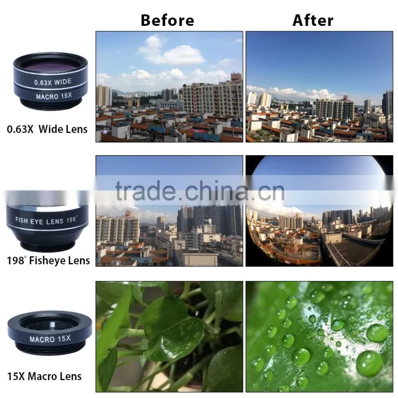 APEXEL 3 in 1 universal clip fish eye wide angle macro mobile phone lens for iPhone 6