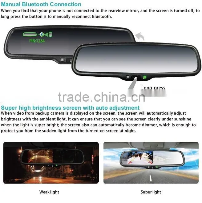 4.3 inch bluetooth rearview mirror monitor with wireless backup camera display