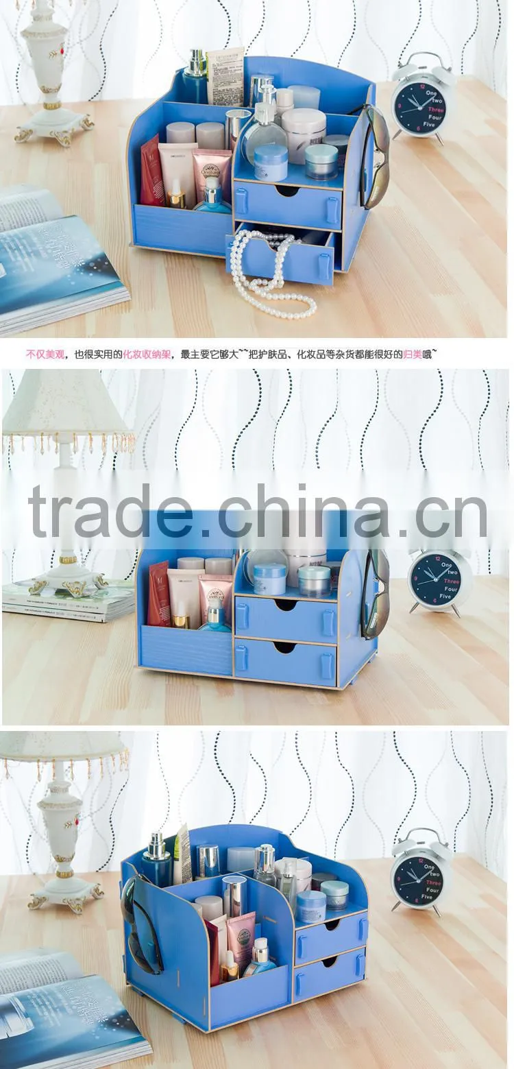 DIY Wooden DeskTop cosmetic storage case with 2 drawers/Office Desk Organizer Stuff Holder-Blue