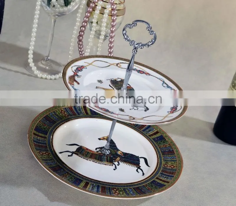 Two layers horse painting ceramic dessert tray