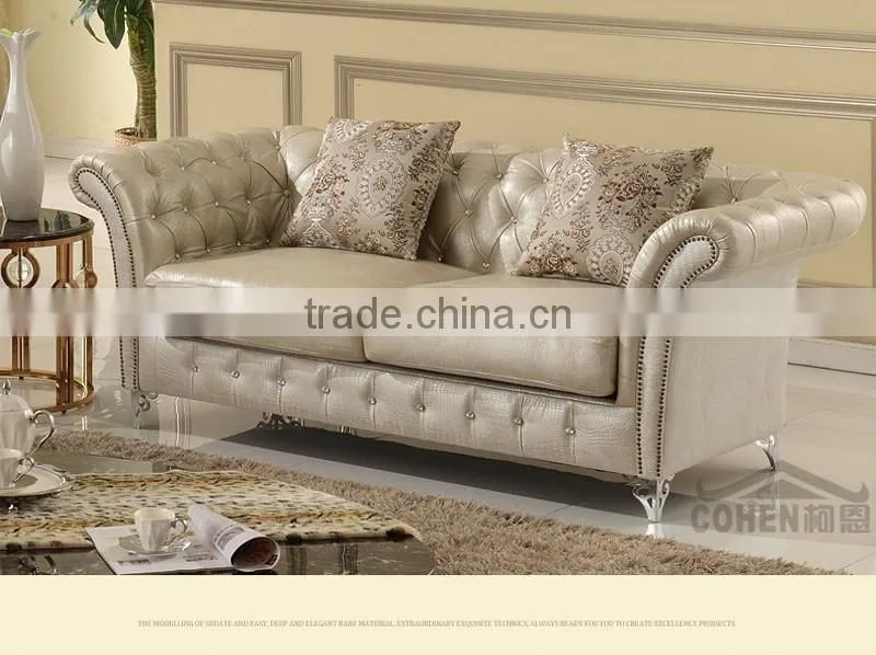 SF033 2015 new arrival European white PU leather sofa designs with crystal buttons stainless steel legs