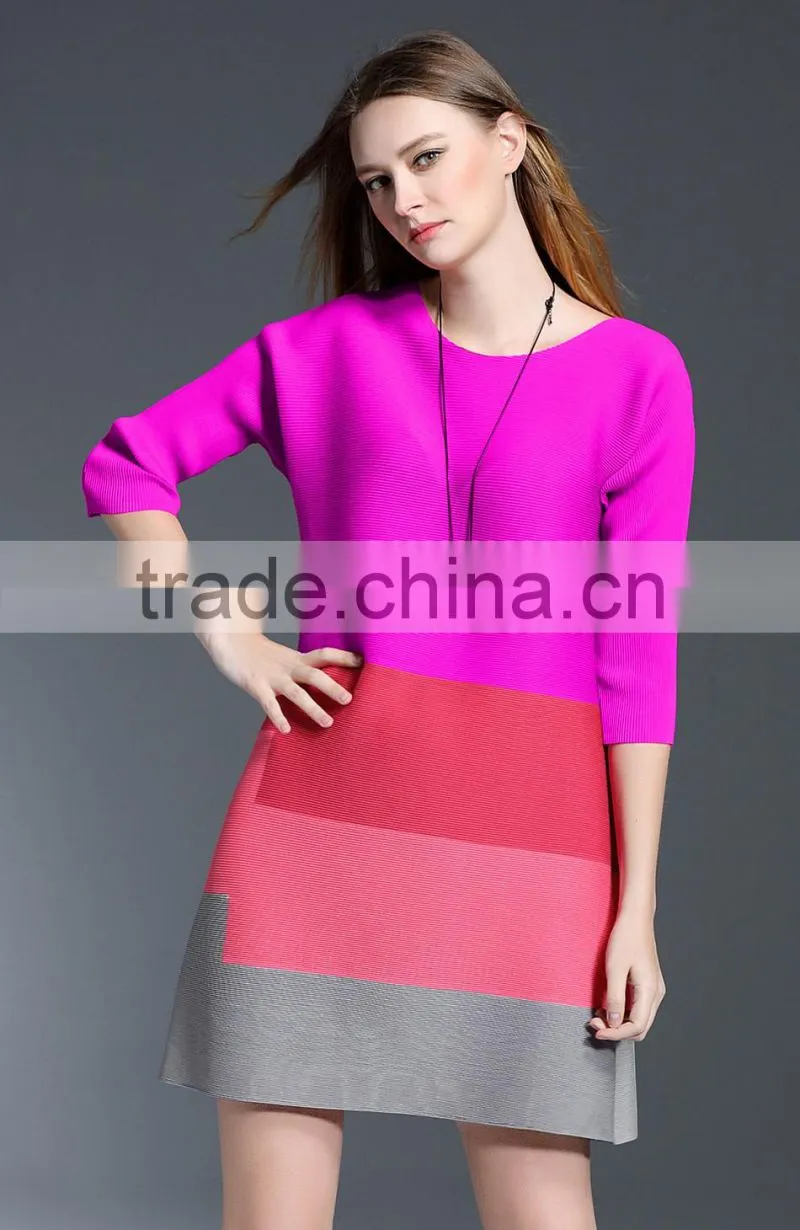 2017 new design ladies striped stitching big size wrinkle dress