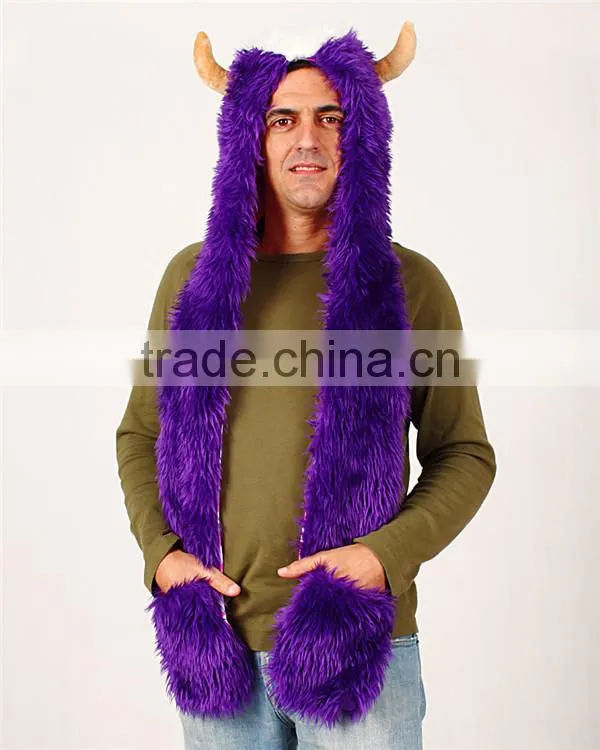 Faux fur adult beanies plush animal head hat scarf glove