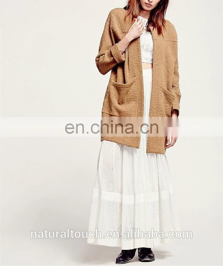 Super luxe without buttons long cardigan collarless textured coat