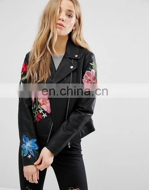 2017 Fashion factory price ladies embroider jacket women clothing pu/polyester leather jacket