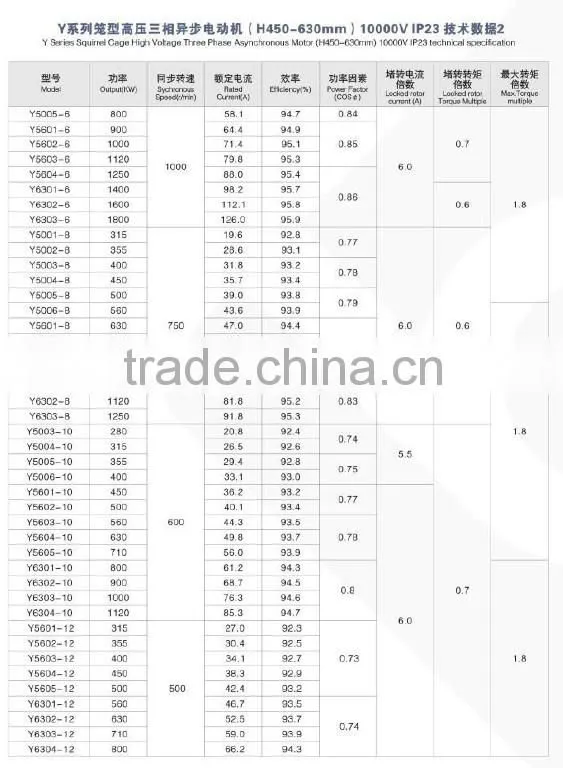 Y Series 10000V Squirrel Cage High Voltage three phase asynchronous motor (710-1000mm)
