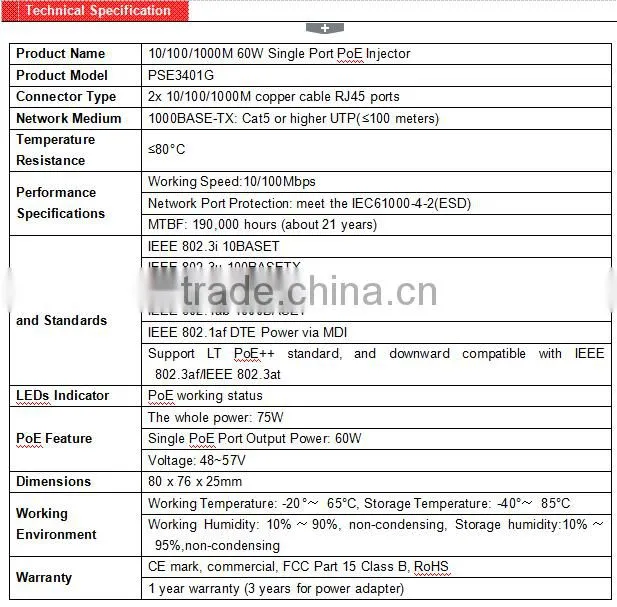 compatible IEEE 802.3af/IEEE 802.3at power injector 10/100/1000M 75W PoE Injector
