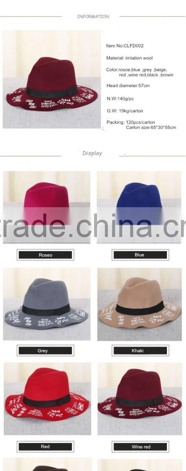 New wholesale fashion imtation wool fedoras hat with ribbon for adult