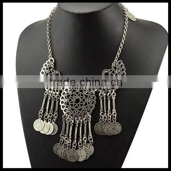 Silver Boho Turkish tassle coin statement fashion necklace jewelry tribe coin gem necklace
