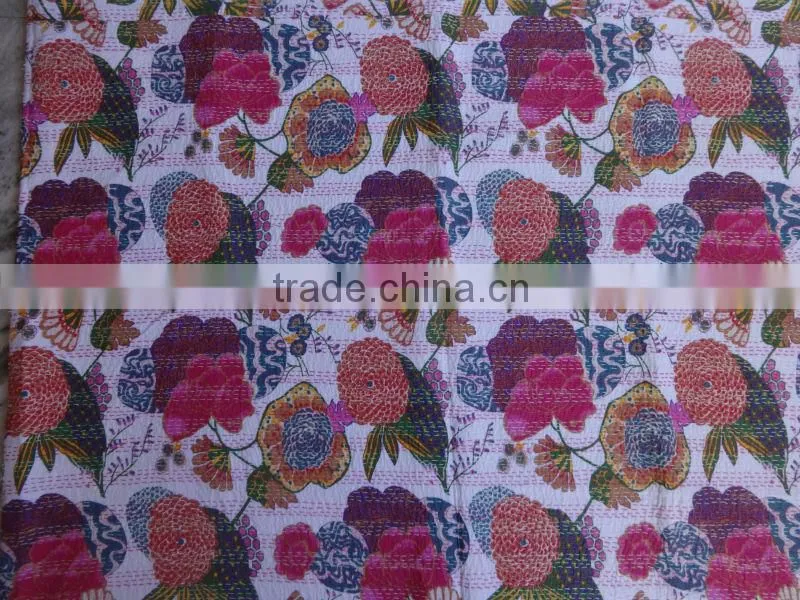 Tropical Kantha Quilt, Handmade Fruit Print Kantha Bedding, Decorative Kantha Work, Indian Cotton Bedspread / Bed Sheet