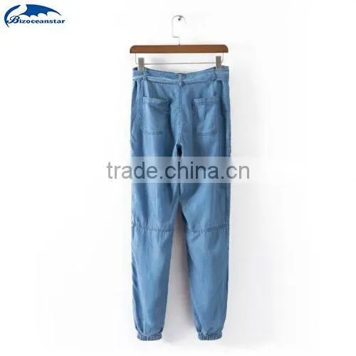 Hot Trendy Women High Waist Pockets Bow Sashes Denim Jeans Harem Pants Trousers