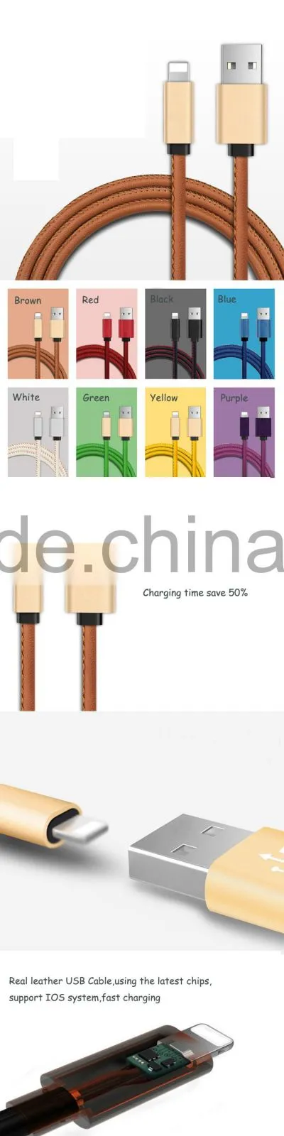 100% Real Leather Coated 2.1 A USB Cable For Iphone