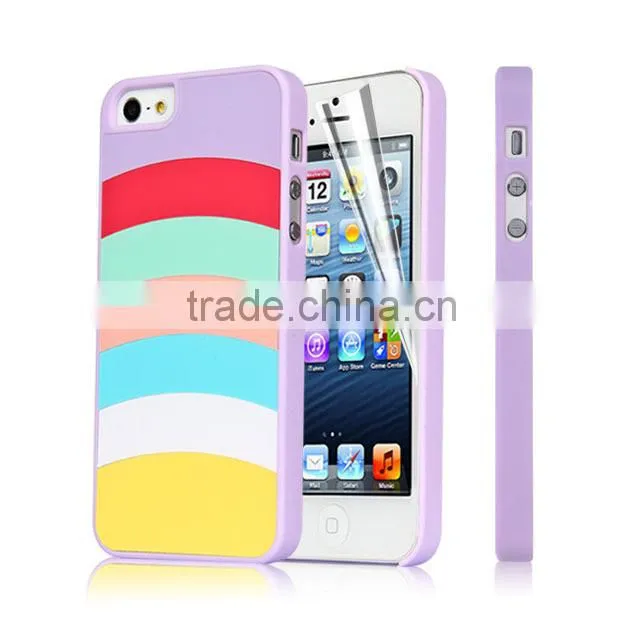 Set Screen Protector And Case For Iphone 5 , Hard Plastic Pink Colorful Stripes Custom Case