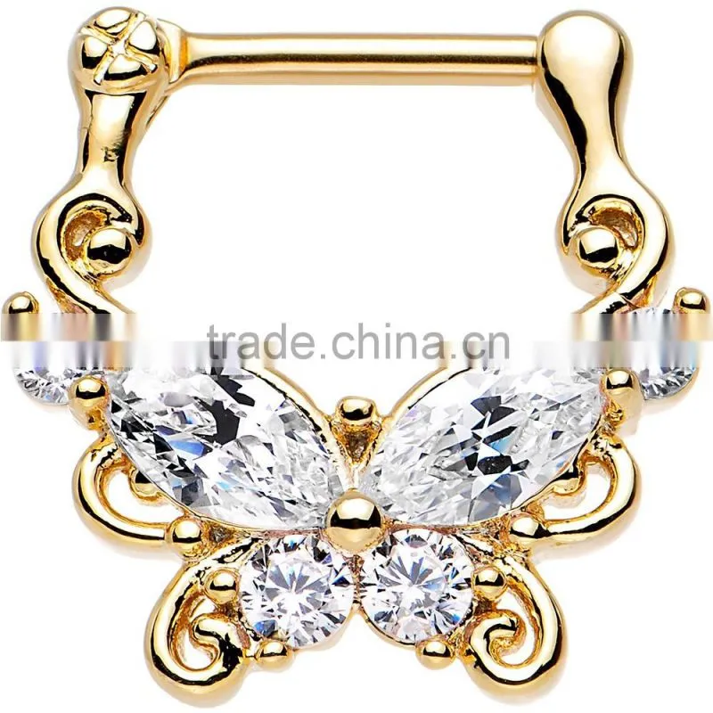 Clear CZ Gold Anodized Butterfly Septum Clicker