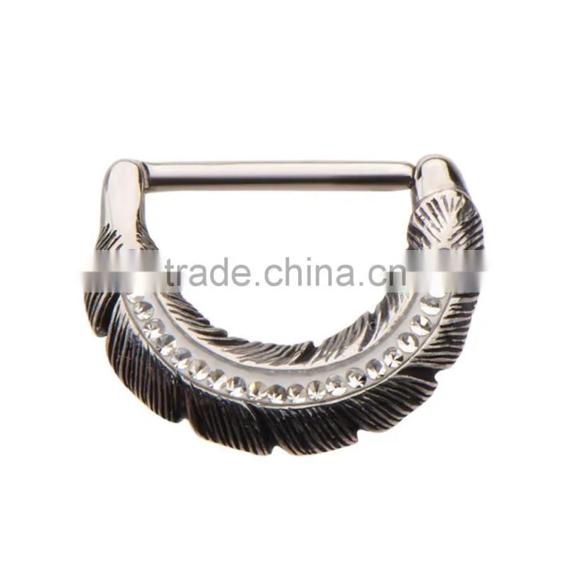 Gemmed Feather Nipple Clicker Ring