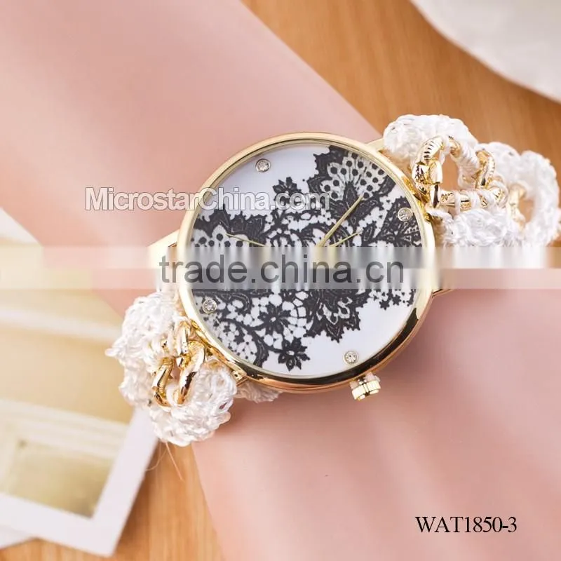 DIY hand made woven chain black flower fashion lady watch