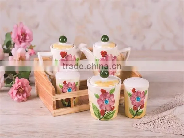 Wholesale Black Ceramic Salt Pepper Oil and Vinegar Set with Wooden Stand